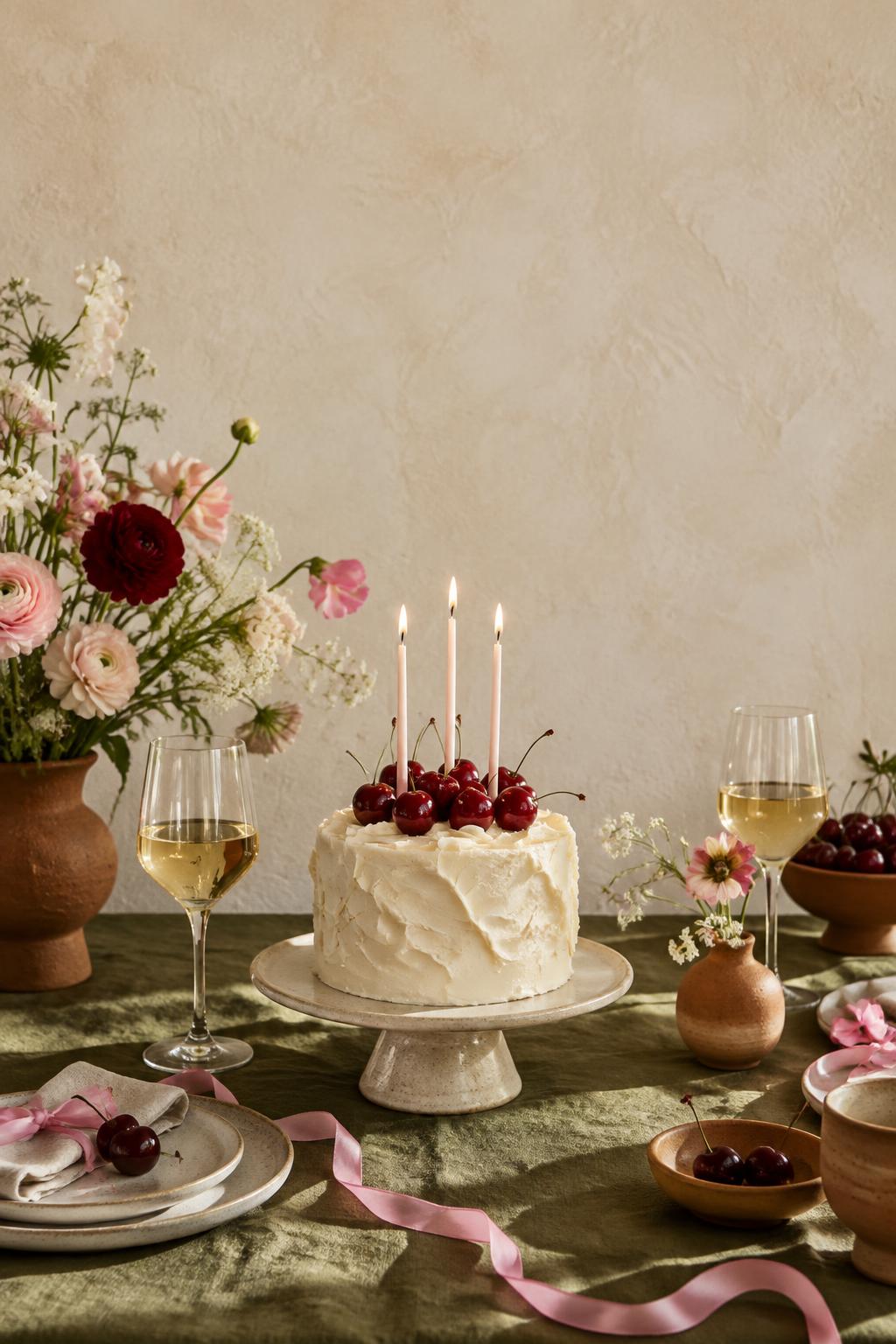 Cherry-topped birthday cake, candles, flowers and wine on an olive linen table